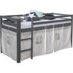 Hochbett Spielbett Kinderbett Kiefer Leiter Vorhang grau 90x200