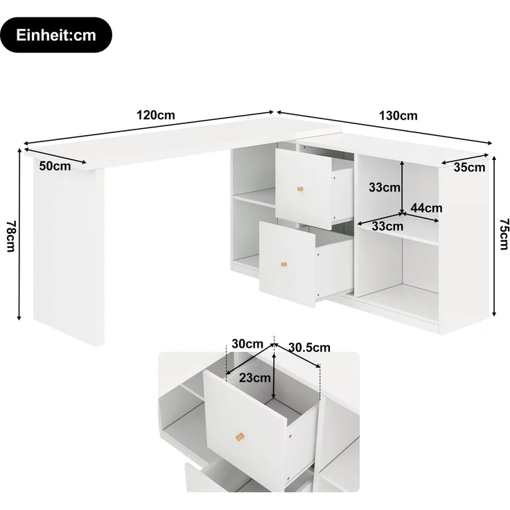 Eckschreibtisch 120 x 50 x 78 cm und 130x35 cm, links oder rechts montierbar, mit 2 Schubladen und 4 offenen Fächern – Bild 4
