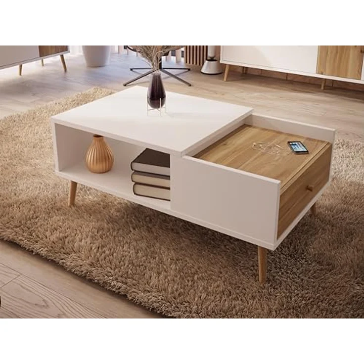 Forte HARLLSON, einfache Montage Dank EasyKlix by Couchtisch Weiß mit Holzdekor: Mauvella Eiche Wohnzimmertisch mit Schublade, Modern Mid Century Stil, 106 cm breit x 45 cm hoch x 60 cm tief – Bild 2