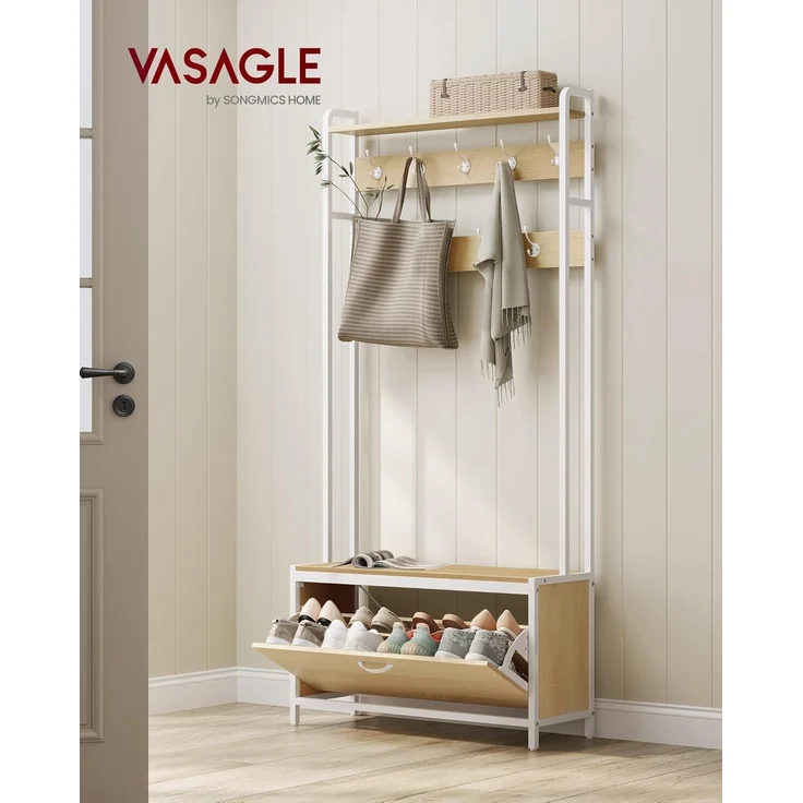 Vasagle Garderobenständer mit Schuhschrank, Garderobe mit Sitzbank, Kleiderständer, Schuhkipper, 9 Haken, obere Ablage, für Flur, Schlafzimmer, modernes Design, eichenfarben-weiß von Songmics RSH405W09 – Bild 9
