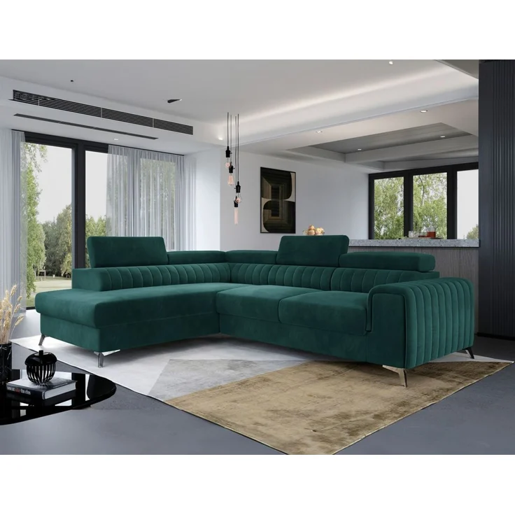 Ecksofa mit Schlaffunktion Sofa ELENI Stoff Monolith Grün Ottomane Links – Bild 1