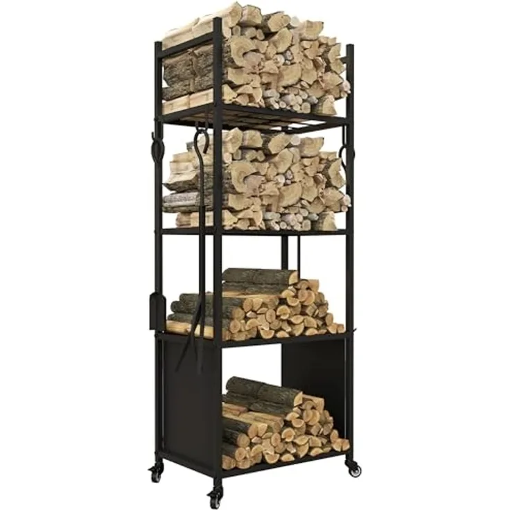 Outsunny Kaminholzregal mit Rollen, 4 Ablagen, BxTxH:45 x 30 x 118 cm, (Feuerholzregal, 1-St, Brennholzregal), für Outdoor, Indoor, bis 60 kg, Metall, Schwarz