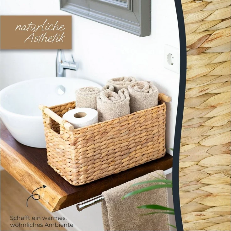 HMF Aufbewahrungskorb Aufbewahrungskorb geflochten aus Wasserhyazinthe, Korb mit (1 St), mit Holzgriffen für Bad, Küche und Wohnbereich, 37 x 22 x 20 cm – Bild 3