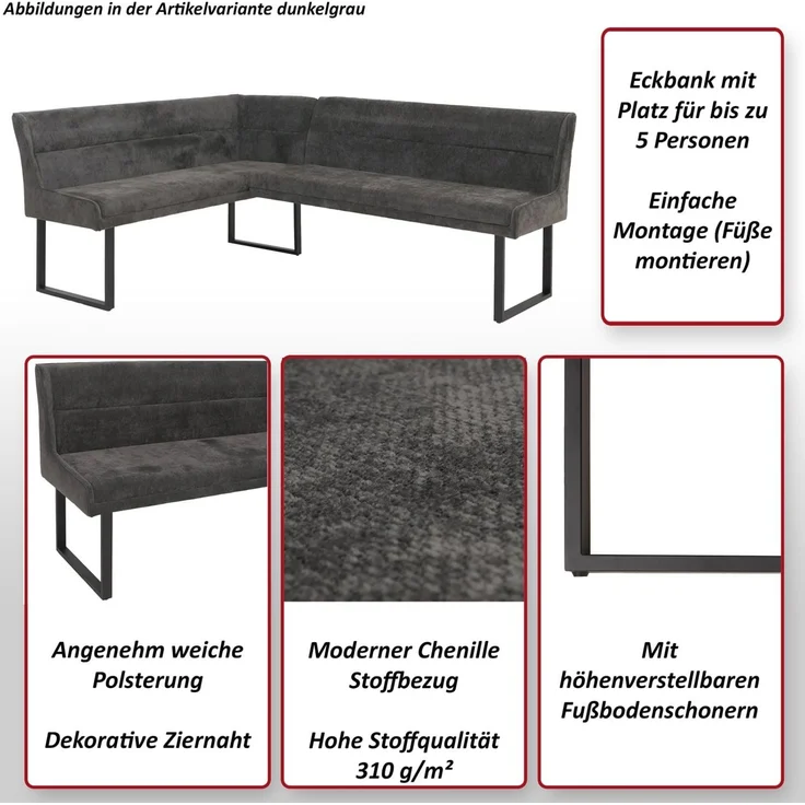 Eckbank HWC-O81, Esszimmerbank Bank, Öko-Tex (310g/m²) Chenille Stoff/Textil Metall 210x159 cm ~ senfgelb – Bild 2