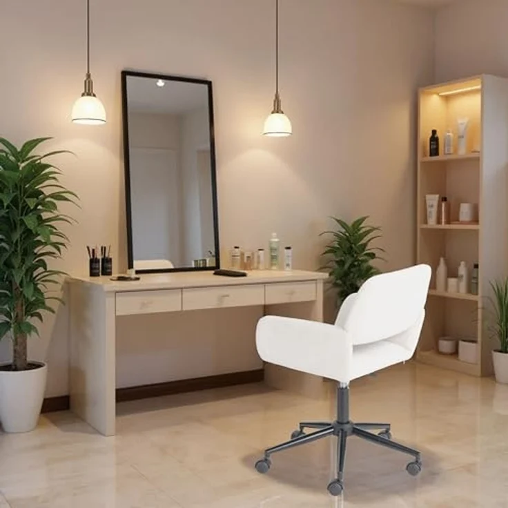 FurnitureR Beige Friseurstuhl, Modernes Design, Chenille Material, Höhenverstellbar, Ergonomisch, Mit Rollen, Platzsparend – Bild 3