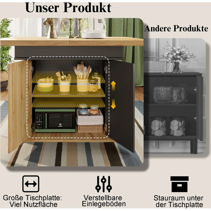 Esstisch ausziehbar 110-140x80x75 cm, Retro-Design, schwarz/natur, mit vakuumgeformten Türen – Bild 7
