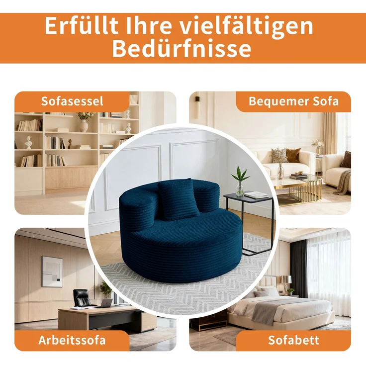 DESVIAE Sitzsack mit Zusatzkissen 105x59x112 cm Kordstoff Blau – Bild 7