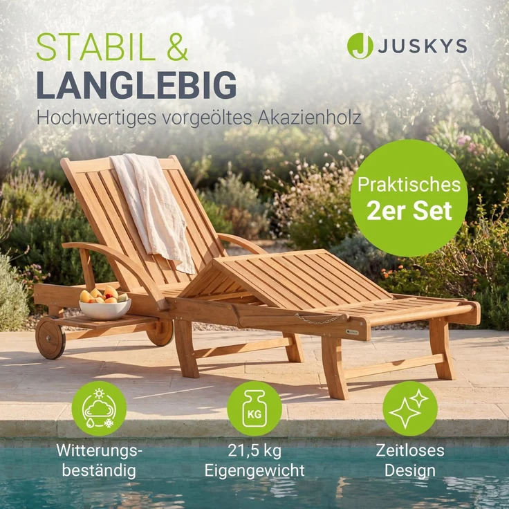 Juskys® 2er Set Sonnenliege SunScape - Natur, Akazie mit verstellbarem Tisch - 196x72,5x30 cm – Bild 2