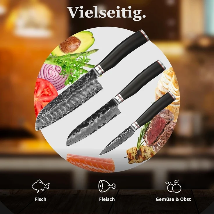 Wakoli Messer-Set Ebo 3er Damastmesser Set Küchenmesser Kochmesser 9 bis 18cm Klingen (Damastmesser mit Geschenkbox, 1-tlg, 1x 3er Damastmesser-Set), aus 67 Lagen Damaststahl, VG10 Kern – Bild 6