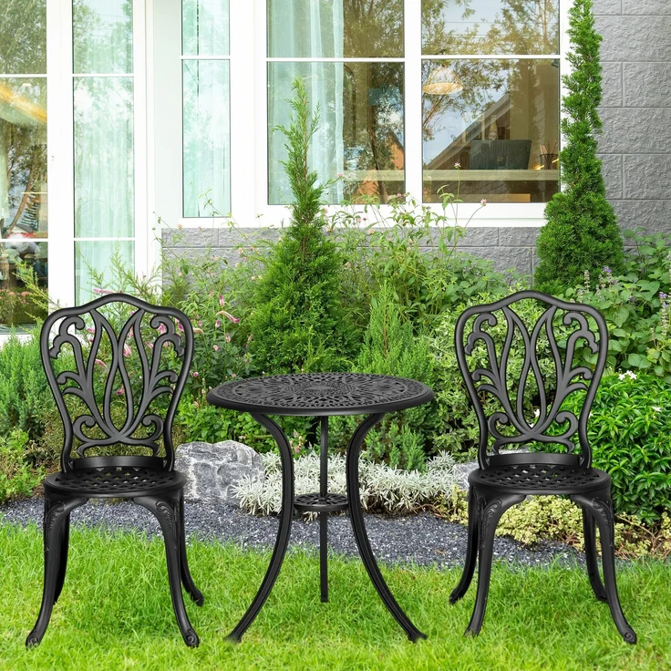 3-teiliges Gartenset mit 2 Gartenstühlen und einem Glas-Beistelltisch mit Sonnenschirmloch, aus Aluminium, schwarz – Bild 3