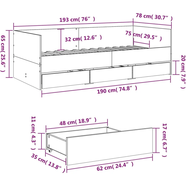 vidaXL Tagesbett mit Schubladen ohne Matratze Sonoma-Eiche 75x190 cm 3280834 – Bild 10