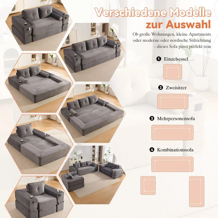 Wohnora-Cord-Klappsofa für 2 Pers, hochdichter Schaum-Federkern, formstabil & bequem Mit Taschen, Getränkehalter, Memory-Kissen + 2 Zierkissen Vakuumverpackt, schneller Aufbau, für Wohnung & Wohnzimmer,H 80cm x T 180cm x B 98cm,Dunkelgrau – Bild 4