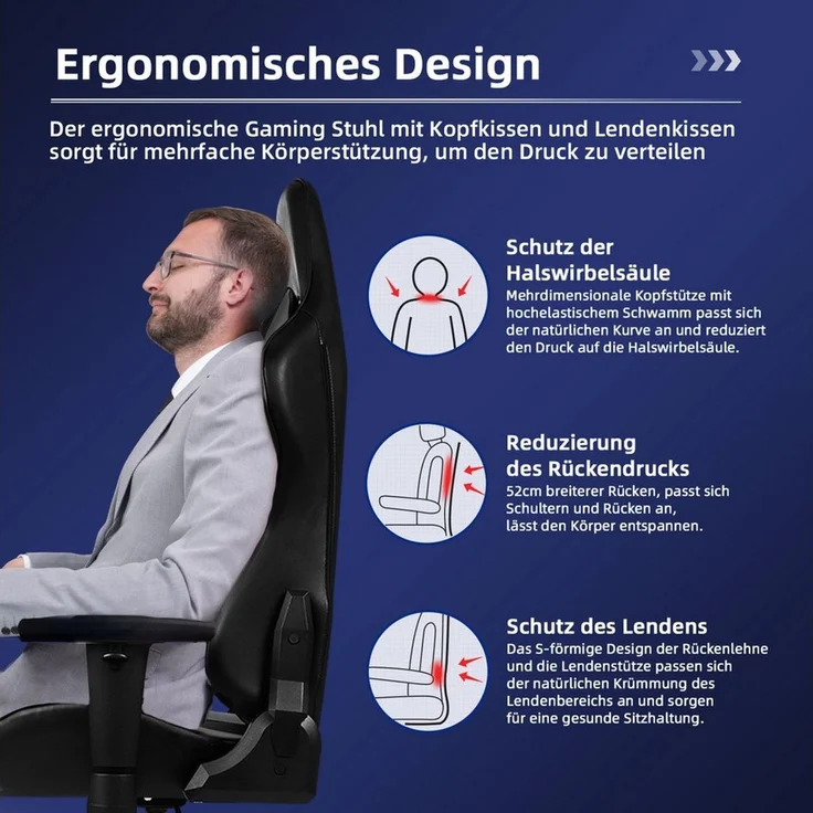 Hiazurm Gaming-Stuhl Gaming Stuhl, Bürostuhl mit Fußstütze,Klappbare gepolsterte Armlehnen (Bürostuhl Chefsessel Wippfunktion bis zu 170), Ergonomischer Gamer Stuhl 150 kg Belastbarkeit – Bild 2