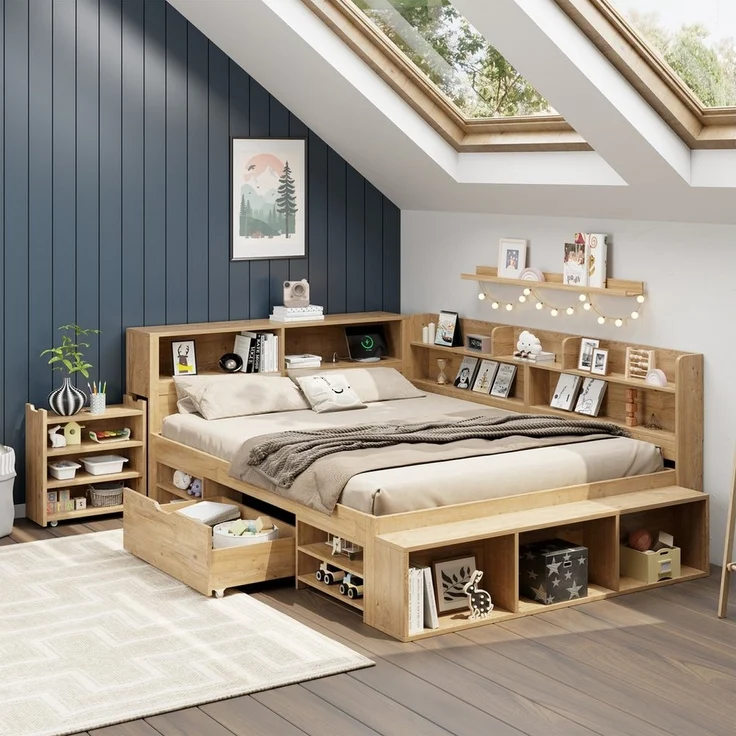 STILVORA Holzbett 140x200 mit Schublade,Jugendbett Stauraumbett mit Lattenrost&Matratze (Stauraumbett, Kinderbett, 1-tlg, 140*200 cm, ohne Matratze), mit ausziehbarer Nachttisch Schubladen, Regal und Stauschrank – Bild 5