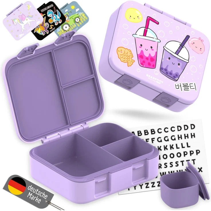 BEARFOOT Bento Box COMPACT Kinder Brotdose (BubbleTea-lila, 1.000 ml) | BPA-frei, auslaufsichere Lunchbox mit Fächern, für Schule & Kindergarten, für Mädchen & Jungen, leicht & kompakt