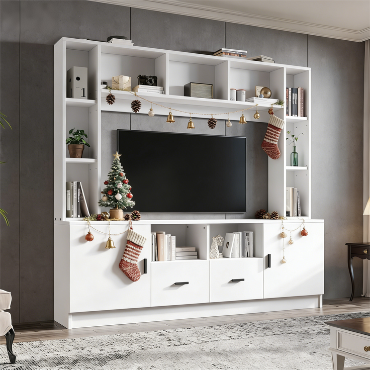 180*35*170cm TV Wohnwand-set mit Vitrine,Mediawand inkl. TV-Board-set und Regal,TV Wohnzimmermöbel-Set mit 2 Schränke, 2 Schubladen , 11 Staufächer, Anbauwand, Wohnzimmerwand, TV bis 60',Weiß--Weiß--180x35x170cm--YOUDENOVA – Bild 3
