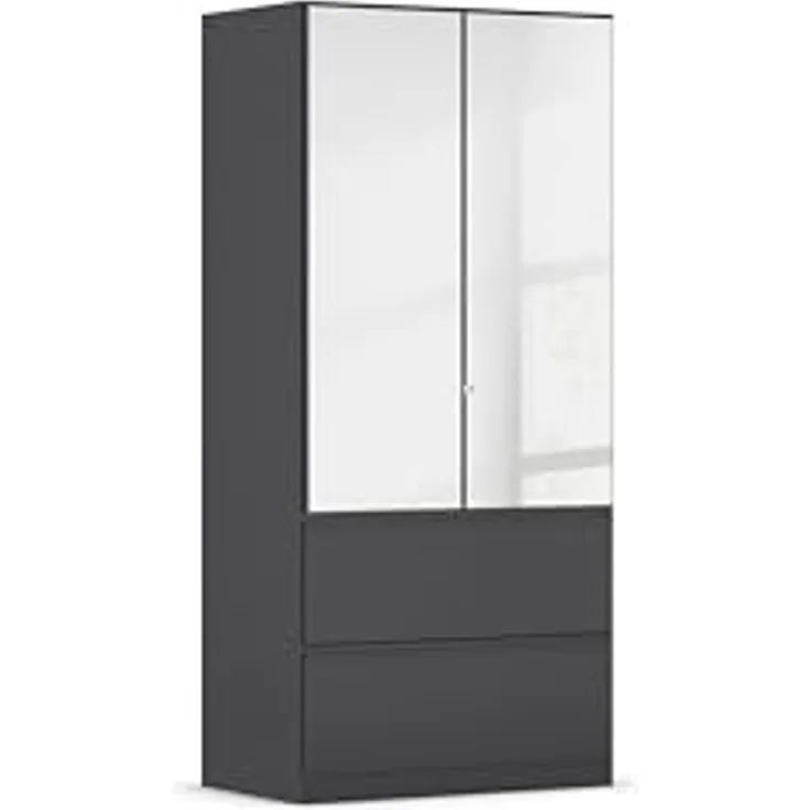 Rauch Möbel Costa, Kleiderschrank für Schlafzimmer, Kinderzimmer, Babyzimmer, Garderobe, 2-türig, Spiegel, 2 Schubladen, Push-to-Open, Zubehör Premium, Farbe Grau metallic, Schwarz, Breite 91 cm