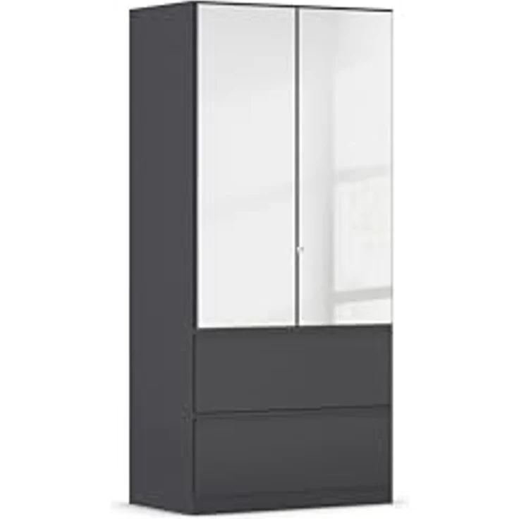 Rauch Möbel Costa, Kleiderschrank für Schlafzimmer, Kinderzimmer, Babyzimmer, Garderobe, 2-türig, Spiegel, 2 Schubladen, Push-to-Open, Zubehör Premium, Farbe Grau metallic, Schwarz, Breite 91 cm – Bild 1