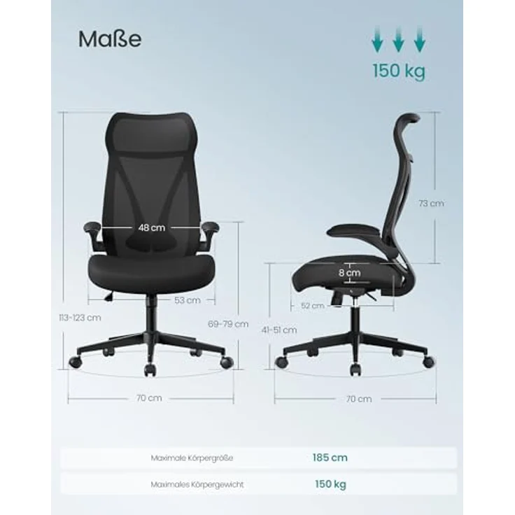 SONGMICS Bürostuhl, Schreibtischstuhl, ergonomische Rückenlehne, höhenverstellbar, hochklappbare Armlehnen, Drehstuhl mit Kopfstütze, bis 150 kg belastbar, tintenschwarz OBN088B01 – Bild 3