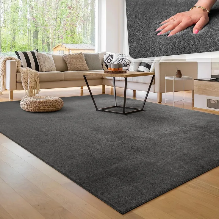 Paco Home Waschbarer Teppich Wohnzimmer Schlafzimmer Kurzflor rutschfest Flauschig Weich Moderne Einfarbige Muster, Grösse:100x200 cm, Farbe:Anthrazit