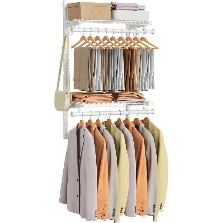 SONGMICS HOME Kleiderstange Wandmontage, (61-122) x 32,6x122,6 cm | Offener Kleiderschrank aus Metall, Wandregal mit Kleiderstange, Schrank Organizer, Perlweiß, PATRIA Kollektion RGR030W01V1