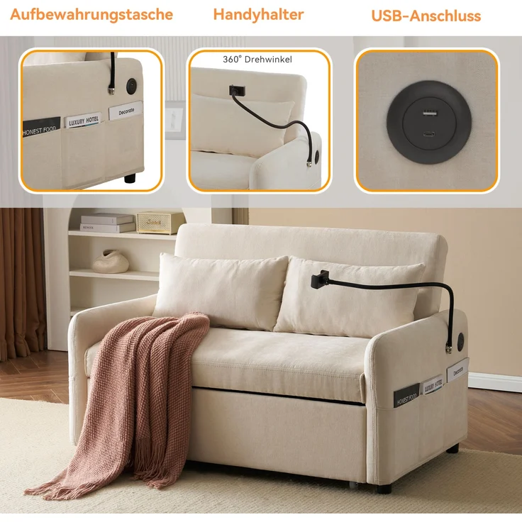 Multifunktions-Klappschlafsofa, verstellbar, mit USB-Ladung, Chenille Beige, 129x76x81 cm – Bild 6