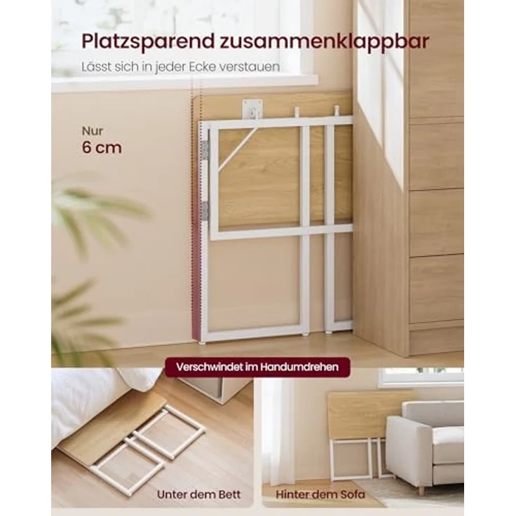VASAGLE Klapptisch, Kleiner Schreibtisch klappbar, Computertisch, Tischplatte aus einem Stück, abgerundete Ecken, Tisch für Homeoffice, Schlafzimmer, 80x40 cm, natureichenfarben LWD151YD01 – Bild 4