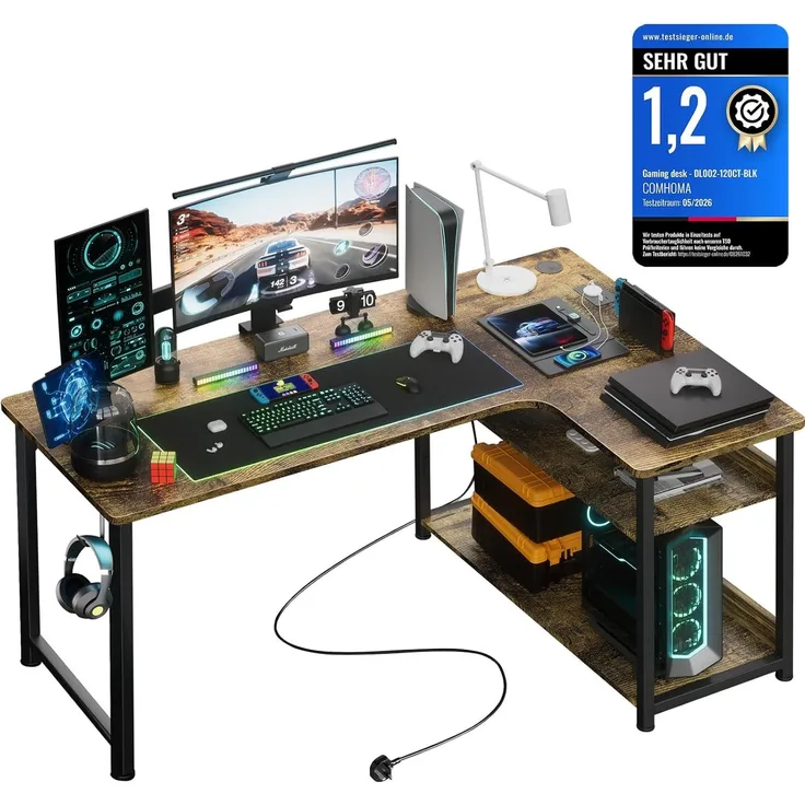 COMHOMA Schreibtisch Gaming Tisch mit Regal, Eckschreibtisch mit USB-Ladeanschluss und Steckdose, 140cm Computertisch L Form, PC Tisch für Büro, Heimbüro (braun-120CM)