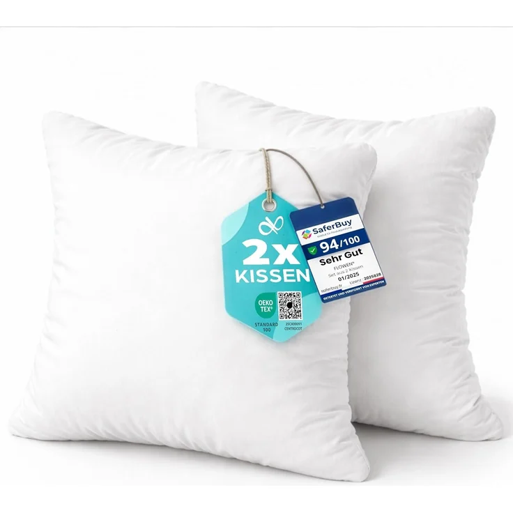 Flowen Kissen 60x60 Kopfkissen 2er Set für Sofa und Bett Innenkissen Hypoallergene Anti-Milben Kissenfüllung mit Weicher Gesteppter Kissenbezug 100% Polyester für Haus/Hotel