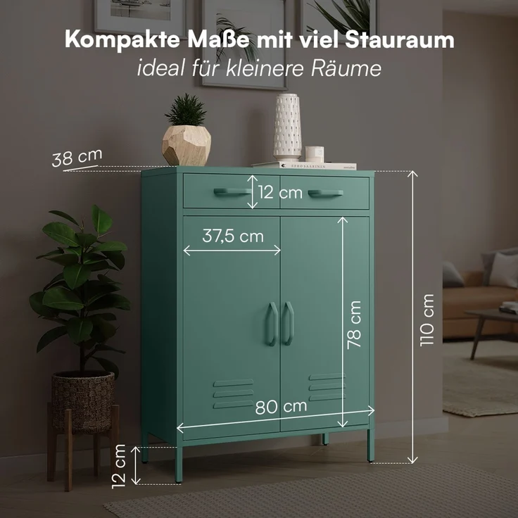 skølm 'Atria' Metallkommode, dunkelgrün, 110x38x80 cm, mit 2 Schubladen und 2 Fächern – Bild 7