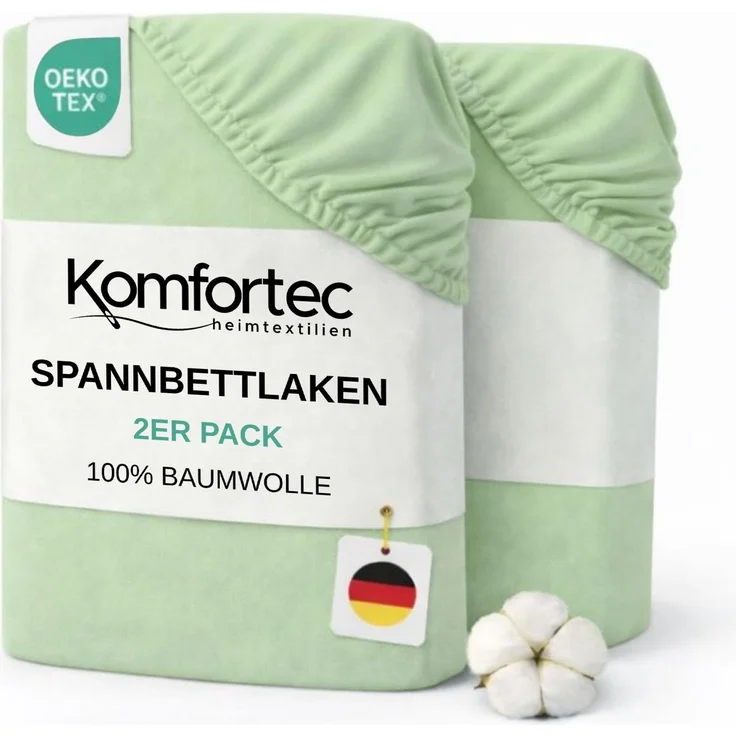 Komfortec Spannbettlaken Jersey 2er Set 100% Baumwolle – 160x200 cm – Weich, Atmungsaktiv & Hautfreundlich – Mit Rundumgummi – Oeko-Tex Zertifiziert – Für Boxspring, Topper & Matratzen – Grün