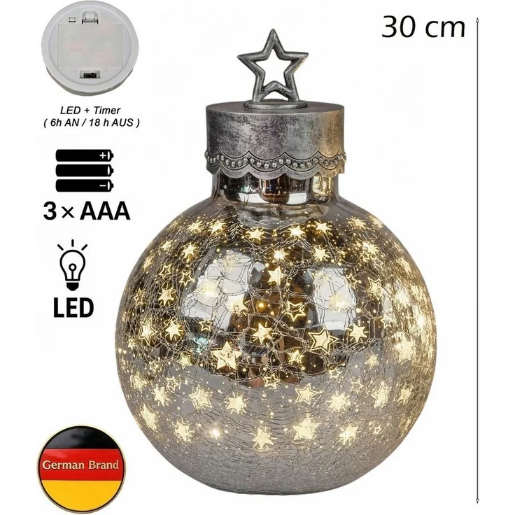 formano LED Deko-Kugel 30cm Silber Sterne Glaskugel mit Timer 6h/18h beleuchtet - Herbst Winter Weihnachtsdeko für Tisch Regal Fensterbank – Bild 2