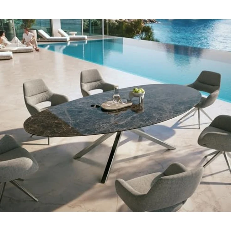 Outdoortisch Edge Oval 280x130 cm Keramik Emperador Extra Lucidato Dunkelbraun Kreuzgestell Rechteck Edelstahl – Bild 2