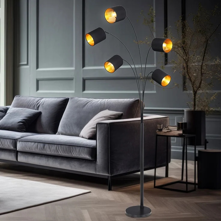 RGB LED Stehlampe, schwarz-gold, Textilschirme schwenkbar, H 204 cm – Bild 4