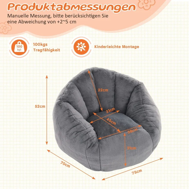 Sitzsack, weicher Plüsch-Sitzsack, bequemer Sitzsack, geeignet für Spielzimmer, Leseecke, Wohnzimmer und Kinderzimmer, für Jungen und Mädchen - klein--Herde--75x70x52cm--YOUDENOVA – Bild 3