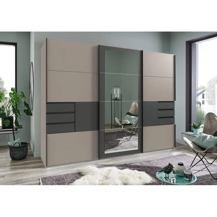 Schwebetürenschrank Kleiderschrank 270 cm 3-türig Schubladen Spiegel Sand Grau Grafit – Bild 3