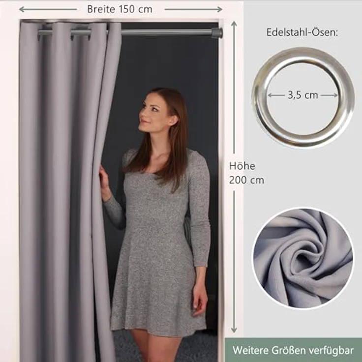 tinycurtains Türvorhang für alle gängigen Türgrößen, Thermovorhang (ohne Stange) Türgardine, Ösen (1 St), abdunkelnd, 100% Polyester, blickdicht hellgrau Moonlight 200x150 cm für Tür, Schrank & Fenster – Bild 3