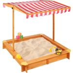 Relaxdays Sandkasten mit Dach, Tannenholz natur / rot, 117 x 117 x 117 cm