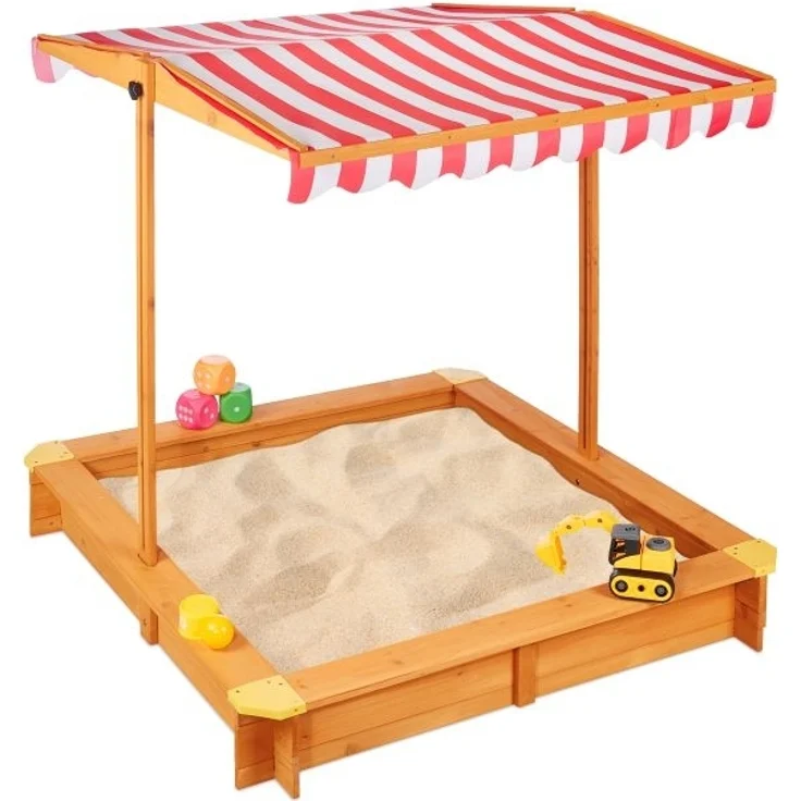 Relaxdays Sandkasten mit Dach, Tannenholz natur / rot, 117 x 117 x 117 cm – Bild 1