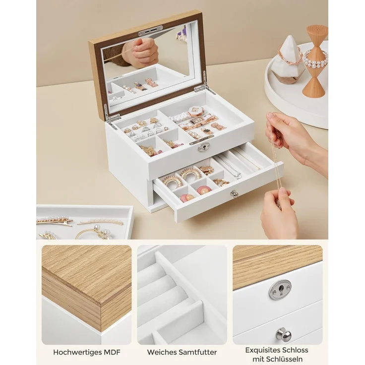 Songmics Schmuckkästchen mit großem Spiegel, abschließbar, MDF weiß-holzfarben, 15 x 17 x 25 cm – Bild 5