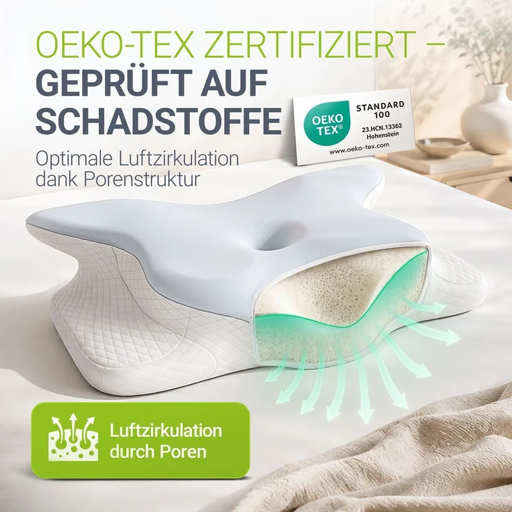 Juskys Nackenkissen 1er Set - Ergonomisches Nackenkissen mit Memory-Foam, atmungsaktivem Bezug - Kissen für den Nacken, gesunder Schlaf - weiß/grau – Bild 2