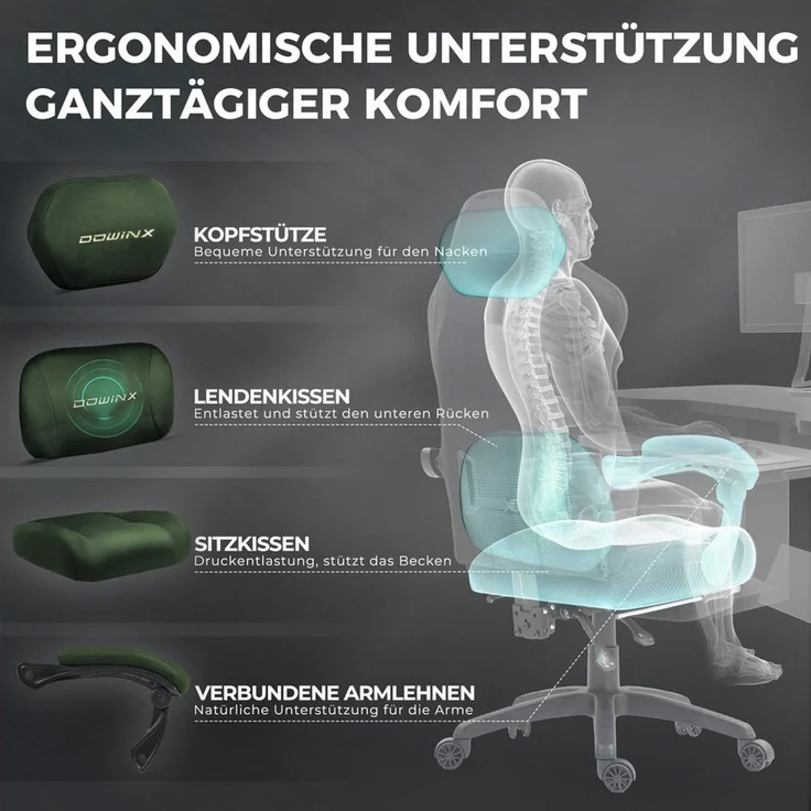 Dowinx Gaming-Stuhl Atmungsaktiver und Ergonomischer Bürostuhl aus Mikrofaser-Velours (Packung), Weiches Sitzgefühl, Verstellbarer Schreibtischstuhl mit Fußstütze – Bild 3