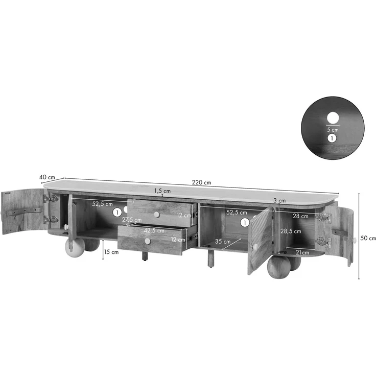 TV-Board Mango 220 x 40 x 50 natur lackiert / Marmor weiß FLORENZ #102 – Bild 6