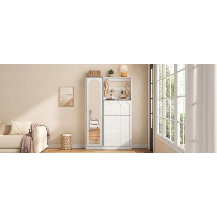 Flieks Garderobenschrank 100 x 24 x 164 cm mit Spiegel, 3 Schuhklappen, Zinkhaken, MDF und griffloser Front, Weiß – Bild 6