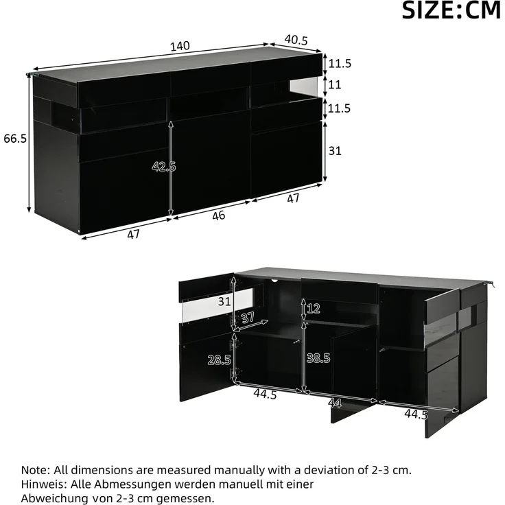 Merax 140cm Wohnzimmer-Sideboard, Kommode mit 3 Türen, Hochglanz-Wohnzimmerschrank mit LED-Lichtleiste, Transparentes Acrylgehäuse, Schrank mit 7 Ablagefächern, Schwarz – Bild 4