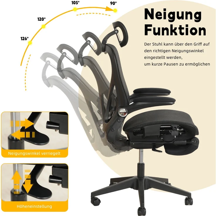 Klappbarer ergonomischer Bürostuhl, kleiner Platz-Klappstuhl mit Taillenstütze, Ganznetzschiebekissen, klappbare Armlehnen, 3D-Kopfstützen und Bürostuhl mit Arbeitspedalen,schwarz--Schwarz--129x48.5x62cm--YOUDENOVA – Bild 8