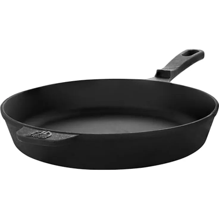 GRÄWE CI 350 Gusseisenpfanne Ø 28 cm, Bratpfanne aus Gusseisen, Induktion & Grill geeignet, Pfannen-Set mit Zubehör (Echtleder Griffschutz, Ringreiniger)
