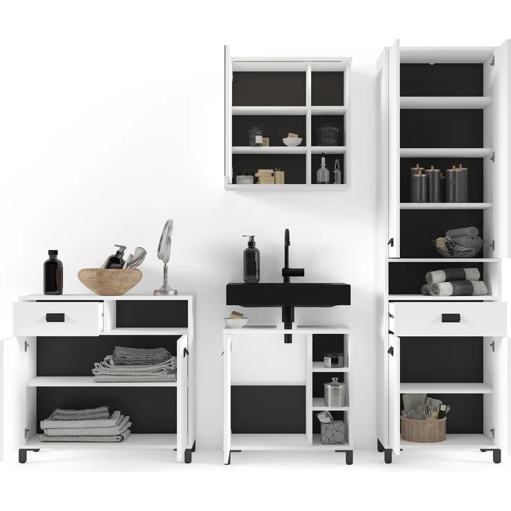 byLIVING Badezimmer Kommode WELLNESS in Melamin weiß, Griffe aus Metall in schwarz / Badschrank mit einer Schublade und zwei Türen / B 80,5, H 77,5, T 31 cm – Bild 6