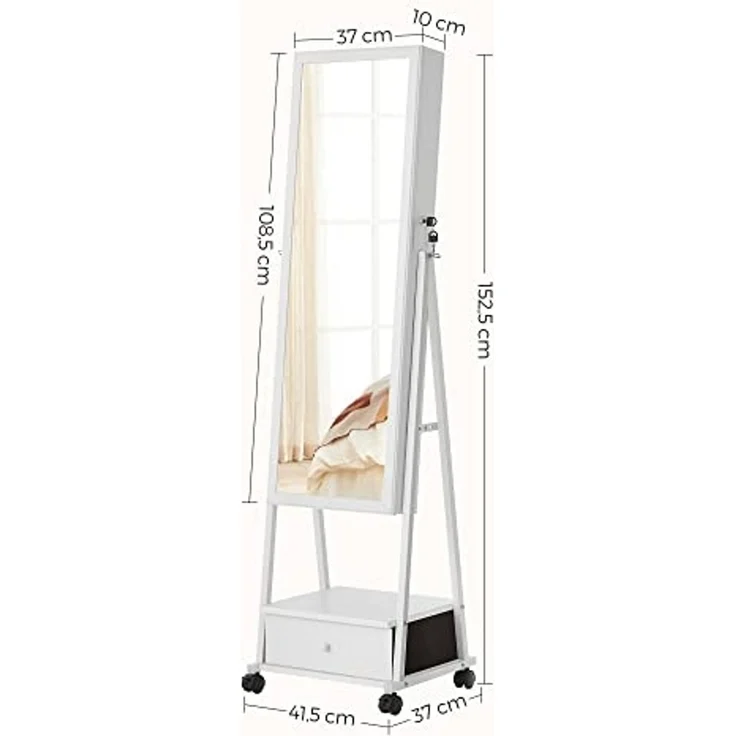Songmics Schmuckschrank, Ganzkörperspiegel, Spiegelschrank, abschließbarer Schmuckorganizer mit Schublade, Rollen, 41,5 x 37 x 152,5 cm, Weiß – Bild 5