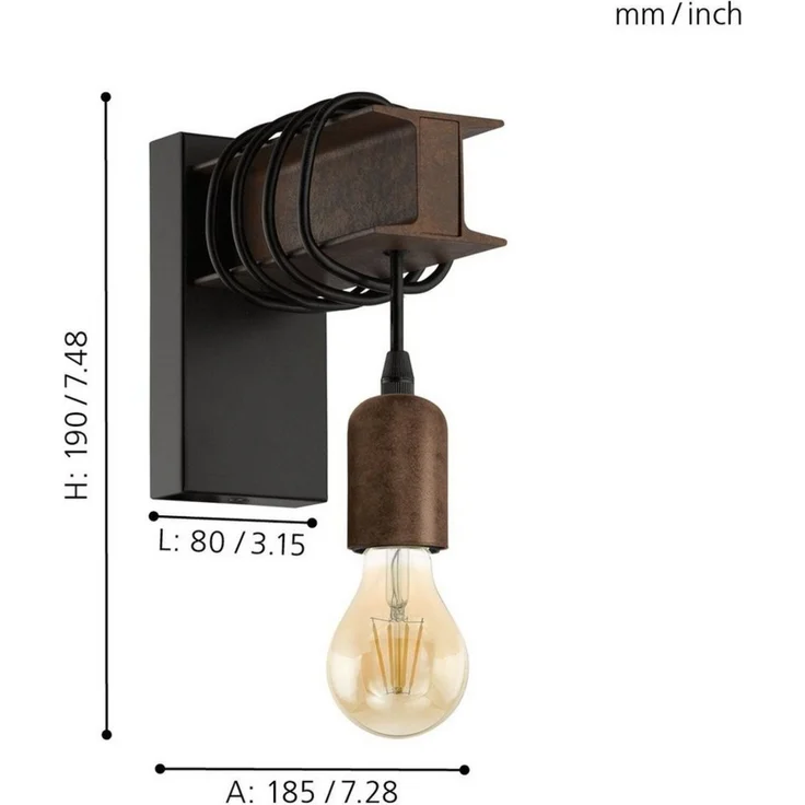 Eglo 43152 Wandleuchte TOWNSHEND 4 schwarz, braun E27 1x10W L:8cm H:19cm T:18,5cm dimmbar – Bild 3